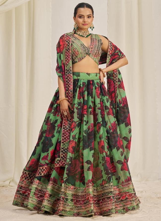 Organza Parrot Green Party Wear Printed Lehenga Choli